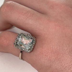 Solid 14K White Gold Fancy Cut Natural Aquamarine Diamond Halo Ring